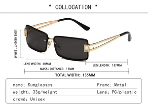 Detailed size chart for square Y2K sunglasses with metal frame and gem decoration