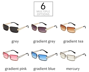 Six options of square Y2K sunglasses with gold metal temples and rhinestone details