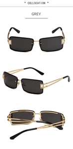 Detail of Y2K square sunglasses featuring grey lenses and gold metal frame with gemstones