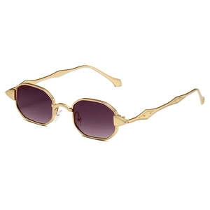 Retro octagonal gold sunglasses with purple gradient lenses and geometric carved temples