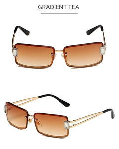 Detail of square Y2K sunglasses with gradient tea lenses and rhinestone metal temples