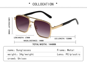 Detailed size specifications for vintage gold aviator sunglasses with purple gradient lenses