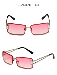Macro view of square metal sunglasses with gradient pink lenses and cut-out temples