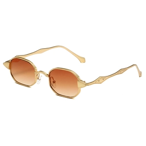 Retro geometric hexagonal sunglasses with gold metal frame and gradient brown lenses