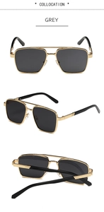 Three-angle view of gold metal aviator sunglasses with grey lenses and double bridge detail