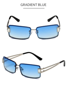 Detail of silver metal frame square sunglasses with gradient blue lenses and hollowed temple