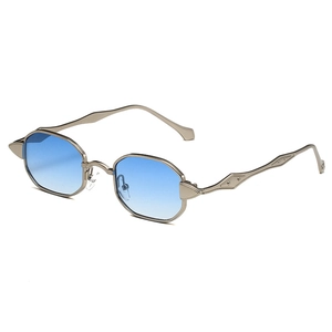 Vintage polygonal silver metal sunglasses with blue gradient lenses and embossed temples