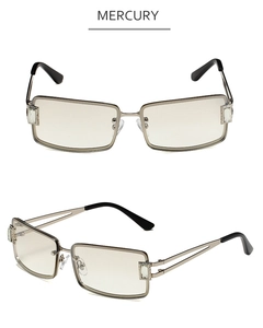 Macro detail of rectangle sunglasses with hollow metal temples and crystal accents
