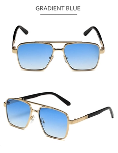 Detail of metal aviator sunglasses featuring gold frames and gradient blue lenses