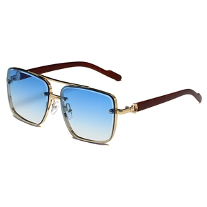Lunettes De Soleil Carrées Rétro Double Pont Métallique UV400 Branches Grain De Bois Lunettes De Mode Pour Hommes Femmes