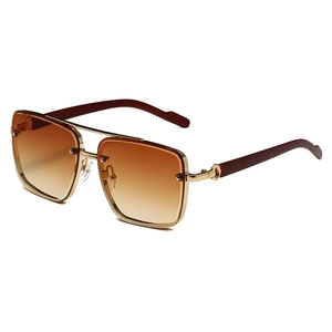 Lunettes de soleil carrées à double pont en métal avec branches en bois et verres bruns