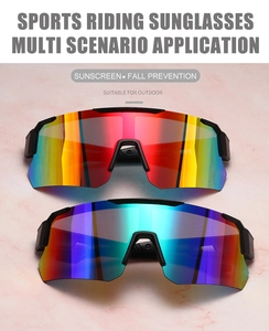 Detail of colorful cycling sunglasses with sunscreen and fall prevention features
