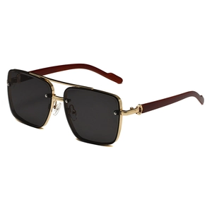 Lunettes de soleil carrées à double pont en métal avec branches en grain de bois