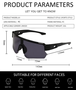 Detailed size specifications for cycling sunglasses with lens and frame dimensions