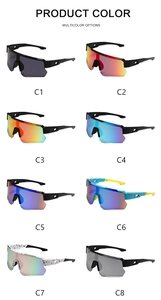 Grid display of cycling sunglasses in eight different stylish color and lens variations
