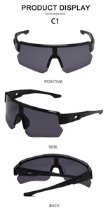 Three-angle view of black oversized sports sunglasses with aerodynamic hollow temples