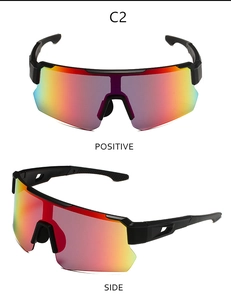 Front and side views of matte black aerodynamic sports cycling sunglasses with red gradient lens