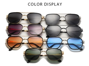 Detailed color display of double-bridge pilot sunglasses featuring seven lens color variations