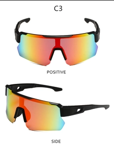 Macro detail of cycling sunglasses with colorful gradient lenses and side vents