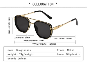Detailed size specifications for trendy double-bridge sunglasses with gold metal frames