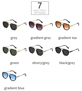 Detailed grid of seven retro pilot sunglasses with metal double bridge and assorted lenses