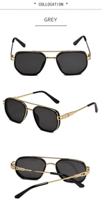 Detail view of double bridge sunglasses with gold metal frame and grey lenses