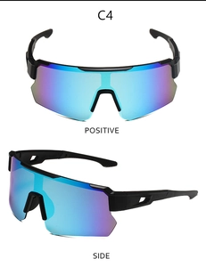 Front and side views of black frame sports cycling sunglasses with blue-purple lenses