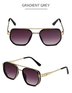 Detail of pilot sunglasses with metal double bridge and gradient grey lenses