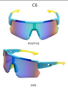 Detail view of sports cycling sunglasses with blue frame, yellow splash, and iridescent lens