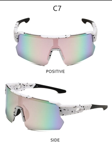 Detailed views of white speckled cycling sunglasses with iridescent lenses model C7