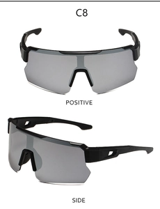 Detailed front and side views of black C8 cycling sunglasses with one-piece grey lens