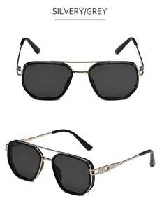 Detail of silver double bridge aviator sunglasses with grey lenses and metal hollow temples