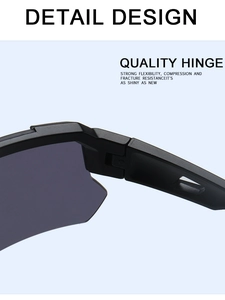 Detail of durable flexible hinges on matte black UV-protective cycling sunglasses