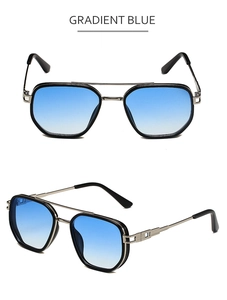 Close-up of double-bridge sunglasses with gradient blue lenses and silver frames