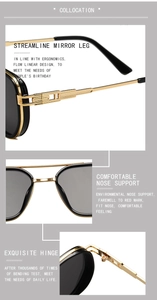 Detail of double-bridge sunglasses with gold metal temples and durable hinges
