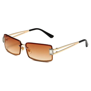 Retro Y2K square rimless sunglasses with gold metal frame and brown gradient lenses