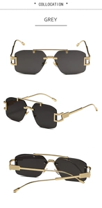 Détails de lunettes de soleil sans monture gris avec cadre doré et texture