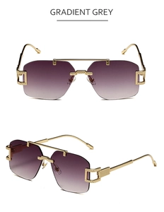 Détails de lunettes sans monture dégradé gris avec branches en métal doré gravé