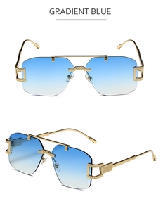 Détail de lunettes de soleil sans monture avec verres bleus dégradés et branches dorées