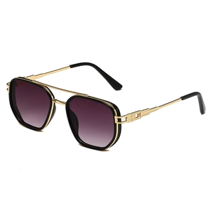 Fashionable double-bridge sunglasses with purple gradient lenses and black gold metal frame