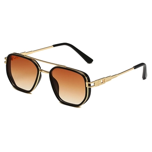Modern double bridge aviator sunglasses with gold metal frame and brown gradient lenses