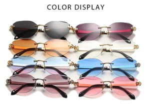 Detail of rimless polygon sunglasses featuring golden metal panther head temple accents