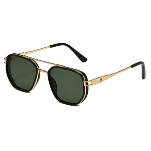 Retro double bridge sunglasses with black and gold frames and dark green lenses