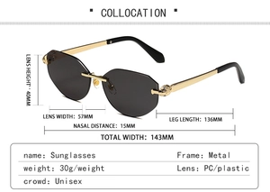 Detailed view of rimless polygon sunglasses with golden cheetah head metal accents