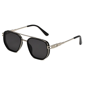 Retro double-bridge sunglasses with hexagonal black lenses and gold-black metal frame
