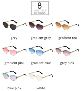 Showcasing eight color options of rimless geometric sunglasses with gold metal frames