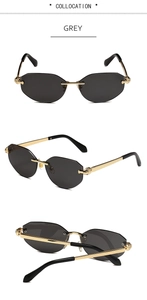 Detail of golden leopard head engraving on rimless sunglasses with grey lenses