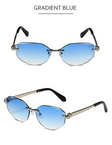 Detail of rimless polygon sunglasses with gradient blue lenses and leopard head metal hinge