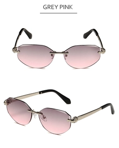 Detail of rimless grey pink gradient lenses with irregular polygonal cutting edges