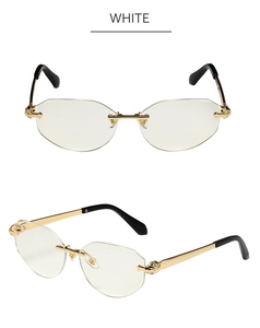 Close-up of golden leopard head relief detail on rimless geometric sunglasses frame